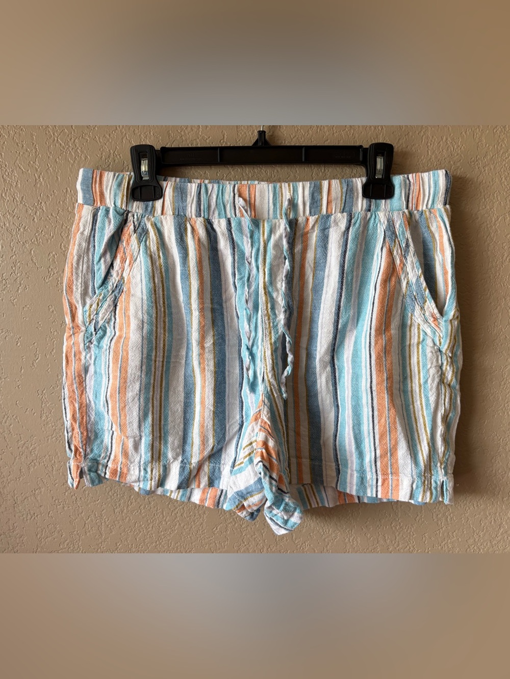 BRIGGS Womens Linen Blend Striped Pull On Shorts Large Beach Coastal Casual